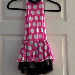 Girls' Hot Pink Polka Dot Dance Dress with Black Layered Skirt